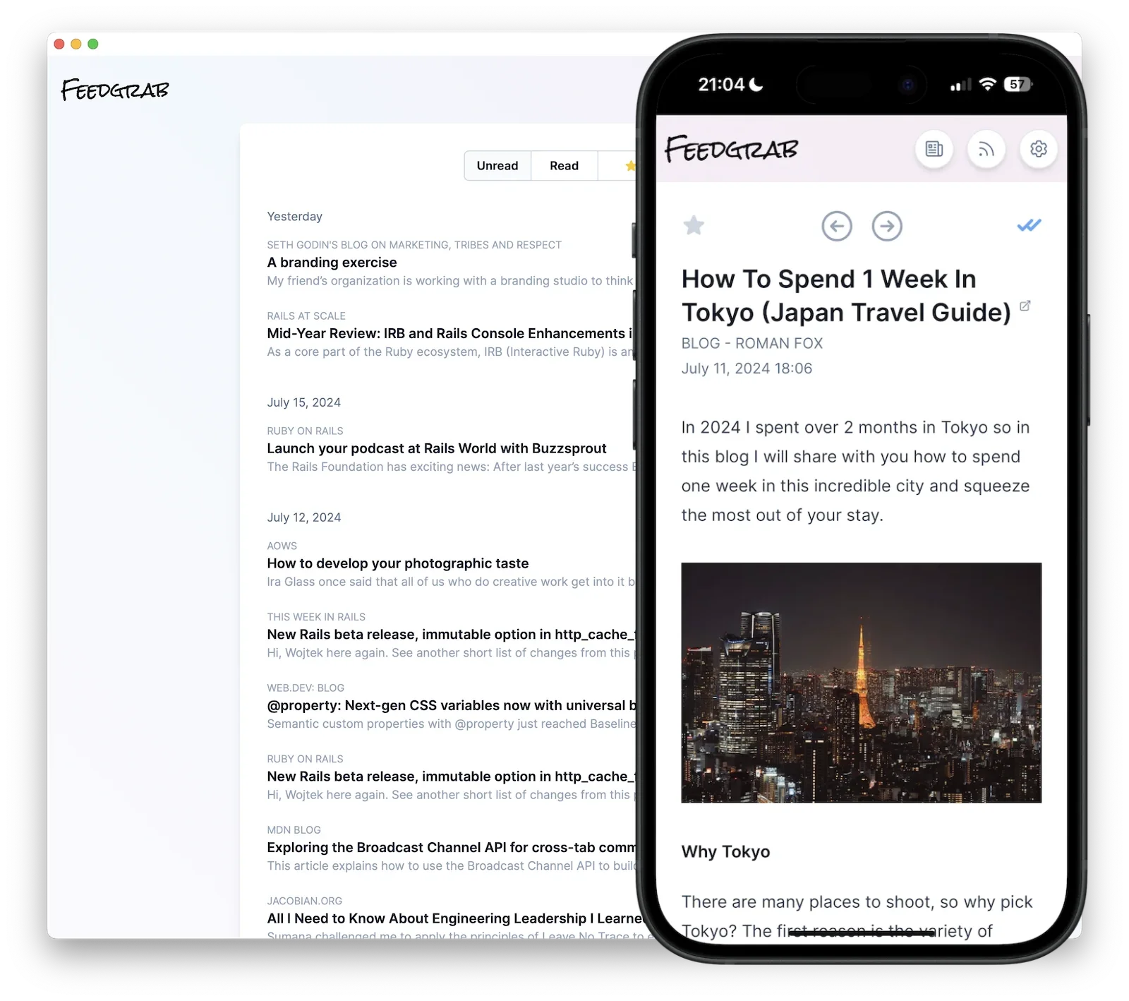 Feedgrab article list on mobile